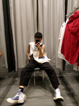 「H&M（エイチ・アンド・エム）のアイテム（タンクトップ、ホワイト系）」を使った、MKing吴さん（メンズ・176cm）の夏コーディネート