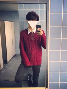 「古着のアイテム（ニット/セーター、レッド系）」を使った、よしこさん（メンズ・184cm）の冬コーディネート