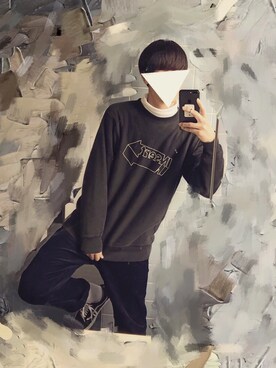 「古着のアイテム（スウェット、ブラック系）」を使った、よしこさん（メンズ・184cm）の冬コーディネート