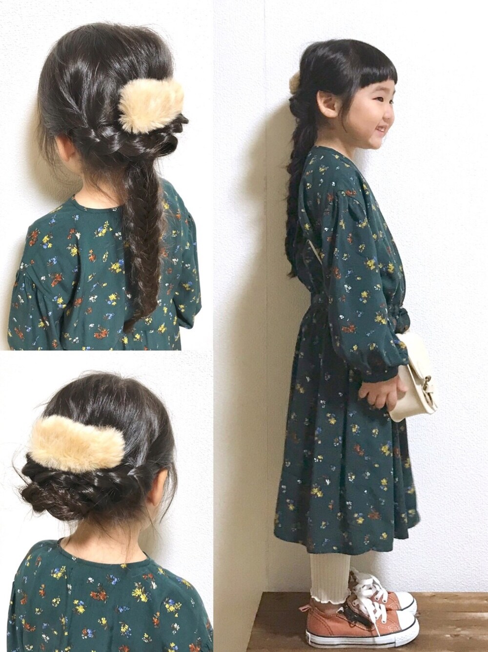「ヘアクリップ、バレッタ、ファー小物、ヘアアレンジ、ワンピース、花柄ワンピース、グリーン、レギンス、リブレギンス、ショルダーバッグ」｜「Sii.sow!のアイテム（バレッタ/ヘアクリップ、ベージュ系）」を使った、hanamenさん（キッズ・100cm）の秋コーディネートの1枚目の写真