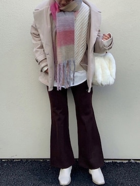 「チェックマフラー」｜「アイテム（チェスターコート）」を使った、○Saya○さん（レディース・158cm）の冬コーディネート
