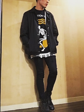 「古着のアイテム（Nylon jacket、ブラック系）」を使った、yusukeさん（メンズ・178cm）の冬コーディネート