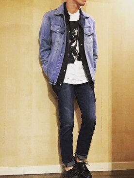 「DIESEL（ディーゼル）の00SXQA0LANX（Denim jacket、ブルー系）」を使った、yusukeさん（メンズ・178cm）の春コーディネート