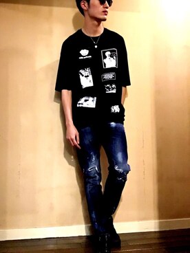 「DIET BUTCHER（ダイエットブッチャー）のDIET BUTCHER SLIM SKIN パッチワークルーズTシャツ（T Shirts、ブラック系）」を使った、yusukeさん（メンズ・178cm）の春コーディネート