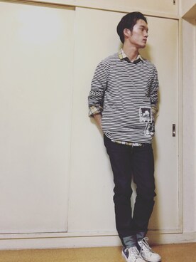「DIESEL（ディーゼル）の00S12M0HAPI（T Shirts、ホワイト系）」を使った、yusukeさん（メンズ・178cm）の秋コーディネート