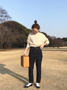 「FREAK'S STORE（フリークスストア）の【WEB限定】ビッグシルエット バスクボーダーTEE（Tシャツ/カットソー）」を使った、りっぴーさん（レディース・154cm）の春コーディネート
