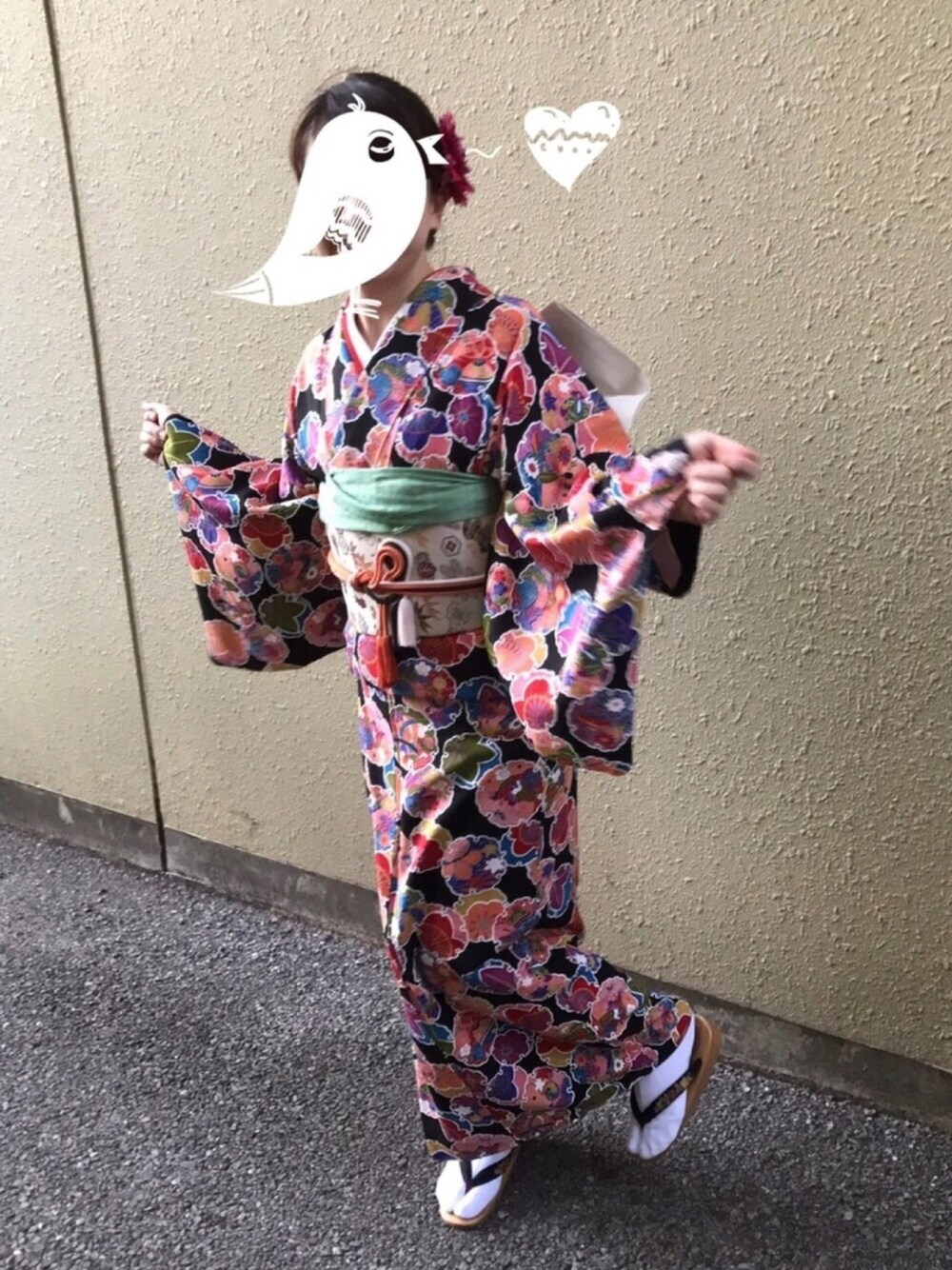 「着物、きもの、和装」｜「no brandのアイテム（浴衣、ブラック系）」を使った、@kowakaba@さん（レディース・163cm）の冬コーディネートの1枚目の写真