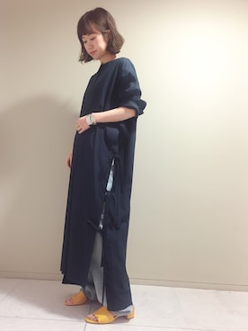 「36Quatre-Neuf（カトルナフ）のウォッシュコットンサイドリボンワンピース（ワンピース、ブルー系）」を使った、渡辺さん（レディース・152cm）の冬コーディネート