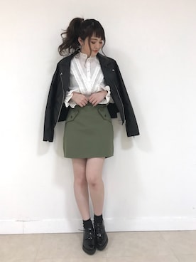 「archives（アルシーヴ）のアイテム（ライダースジャケット）」を使った、あっちゃんさん（レディース・155cm）の春コーディネート
