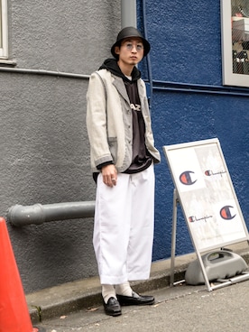 「COMME des GARCONS（コムデギャルソン）のアイテム（テーラードジャケット、ホワイト系）」を使った、K.T.Oさん（メンズ・183cm）の夏コーディネート