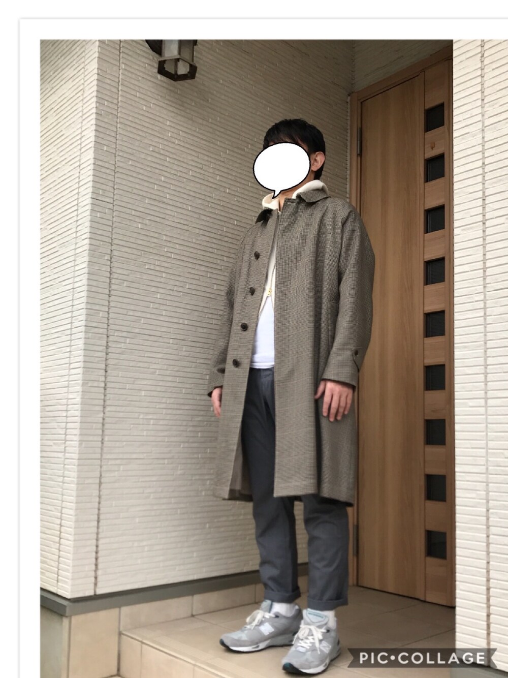 「秋のコーデ、ステンカラーコート、パーカー、スニーカー、orcival、GRAMICCI、New Balance」｜「ORCIVALのアイテム（ステンカラーコート、ベージュ系）」を使った、HaruFumiさん（メンズ・170cm）の秋コーディネートの1枚目の写真