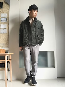 「HARE（ハレ）のアイテム（その他アウター、グリーン系）」を使った、林宜弘さん（メンズ・165cm）の秋コーディネート
