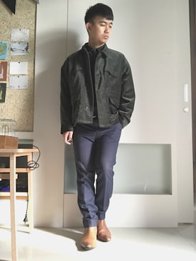 「HARE（ハレ）のアイテム（テーラードジャケット、グリーン系）」を使った、林宜弘さん（メンズ・165cm）の冬コーディネート