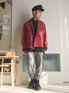 「red」｜「アイテム（ブルゾン）」を使った、林宜弘さん（メンズ・165cm）の冬コーディネート