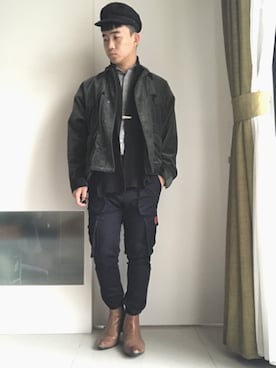 「HARE（ハレ）のアイテム（テーラードジャケット、グリーン系）」を使った、林宜弘さん（メンズ・165cm）の冬コーディネート