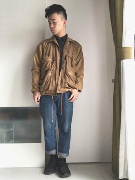 「アイテム（ミリタリージャケット、ゴールド系）」を使った、林宜弘さん（メンズ・165cm）の春コーディネート