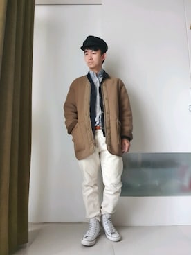 「Engineered Garments（エンジニアードガーメンツ）のアイテム（ノーカラージャケット）」を使った、林宜弘さん（メンズ・165cm）の春コーディネート