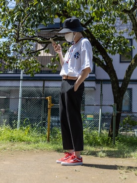 「無印良品（ムジルシリョウヒン）のアイテム（ハット）」を使った、みなれんさん（メンズ・168cm）の夏コーディネート