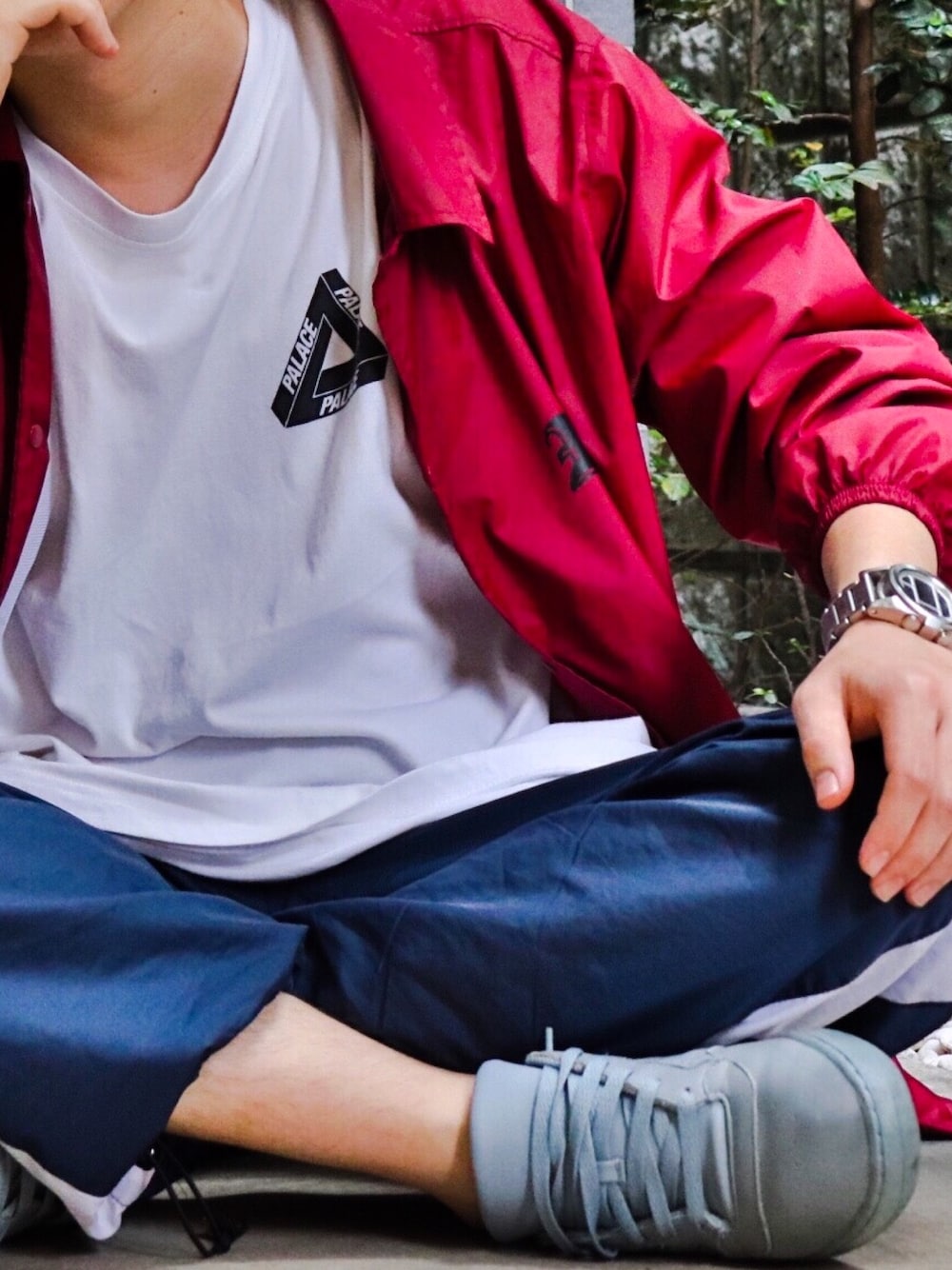 「おしゃれさんと繋がりたい、adidas originals、supreme、palace、ストリート、ストリートカジュアル、yeezyboost、Yeezypowerphase」｜「gRatisのアイテム（ナイロンジャケット、レッド系）」を使った、こーやんさん（メンズ・173cm）の夏コーディネートの1枚目の写真