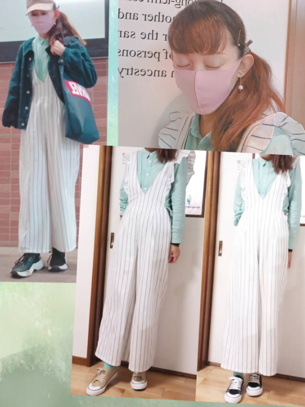 グリーン系のシャツ/ブラウス、ブルー系のトートバッグ、ベージュ系のスニーカーを着用したレディースの秋コーディネートの1枚目の写真