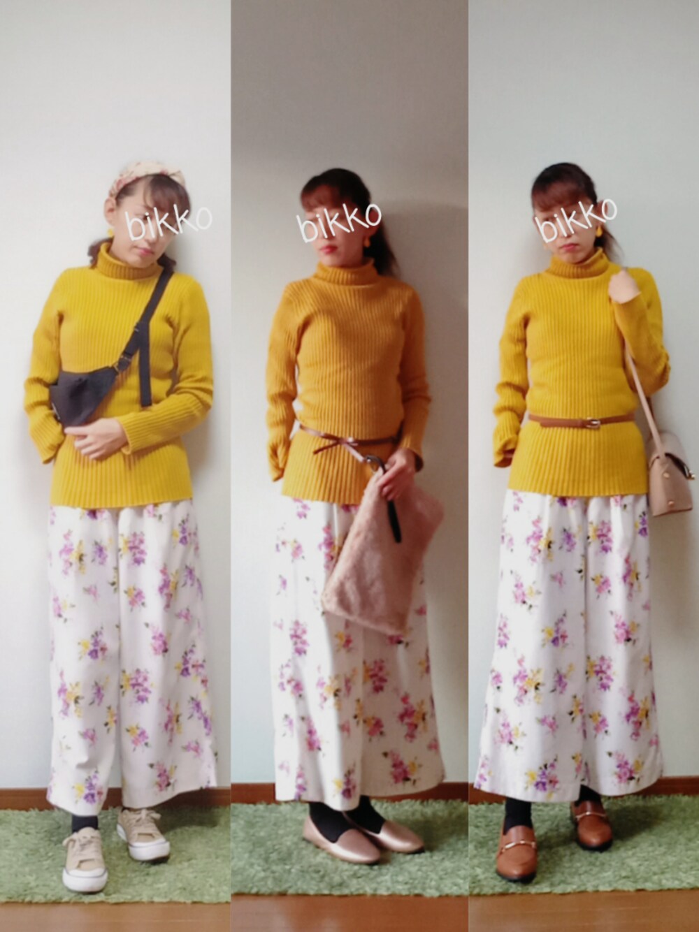 ホワイト系のその他パンツ、ゴールド系のスリッポン、ブラック系のボディバッグ/ウエストポーチを着用したレディースの秋コーディネートの1枚目の写真