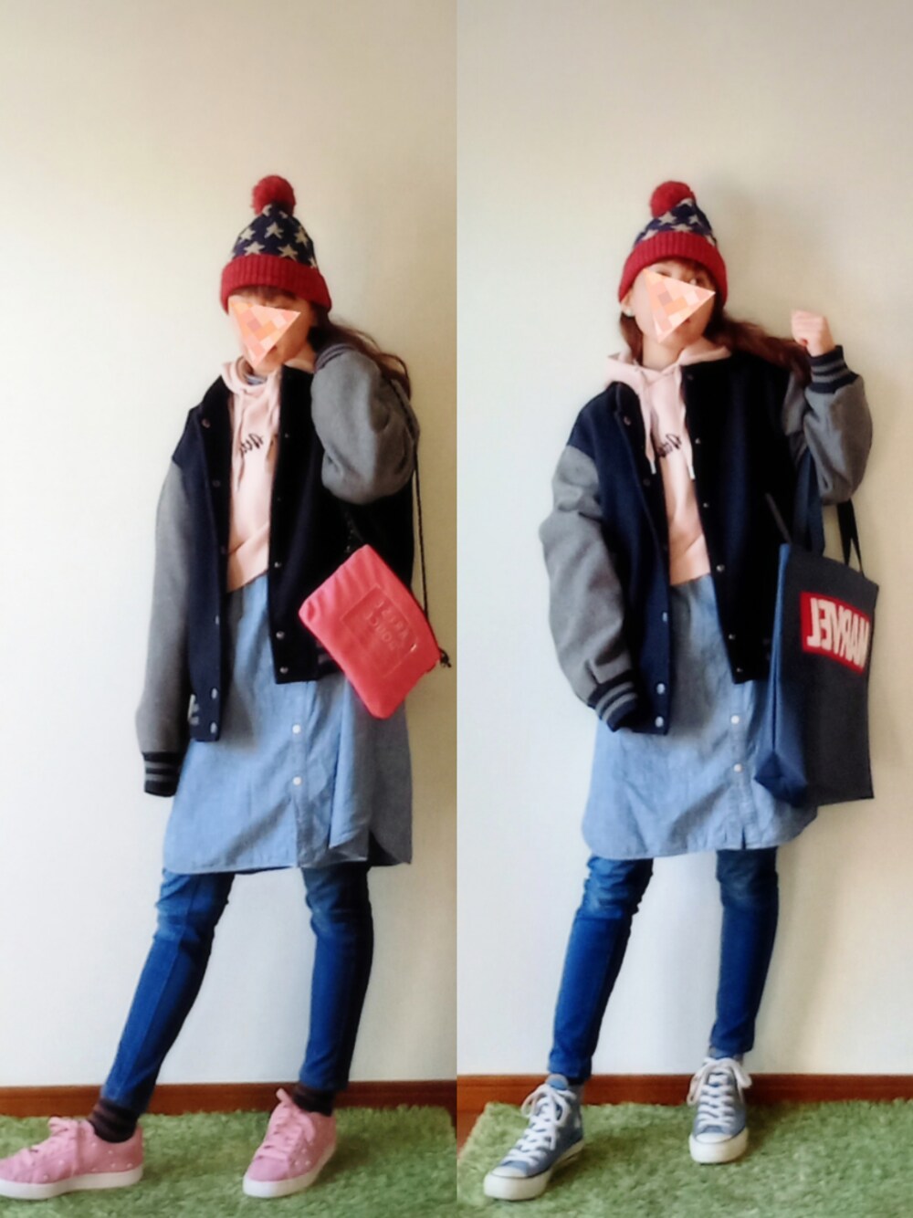 ブルー系のデニムパンツ、ブルー系のスニーカー、ブルー系のスタジャンを着用したレディースの冬コーディネートの1枚目の写真