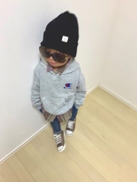 「アイテム（シャツ/ブラウス、ブラウン系）」を使った、Ashleyさん（キッズ・90cm）の秋コーディネート