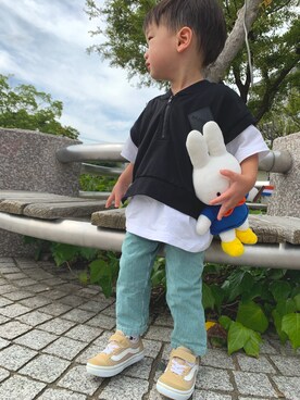 「BRANSHES（ブランシェス）のベスト重ね着風半袖Tシャツ（Tシャツ/カットソー、ブラック系）」を使った、kiriyさん（キッズ）の秋コーディネート