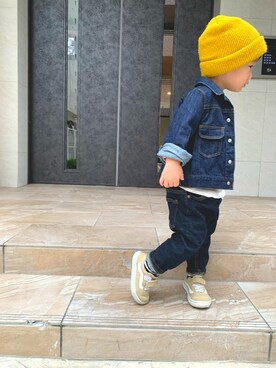 「Ocean&Ground（オーシャン&グラウンド）のDENIM TAPARDE PANTS (80～140cm)（デニムパンツ、ブルー系）」を使った、kiriyさん（キッズ）の秋コーディネート