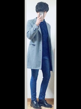 「jiggys shop（ジギーズショップ）のアイテム（チェスターコート）」を使った、かたさん（メンズ・168cm）の冬コーディネート