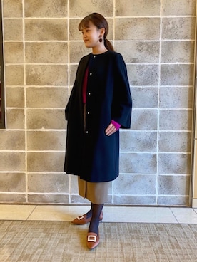 「アイテム（ローファー、オレンジ系）」を使った、yamaguchi  moeさん（レディース・157cm）の冬コーディネート