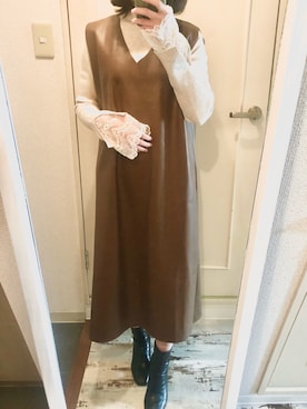 「レザーコーデ」｜「アイテム（ブーティ）」を使った、maruさん（レディース・155cm）の冬コーディネート