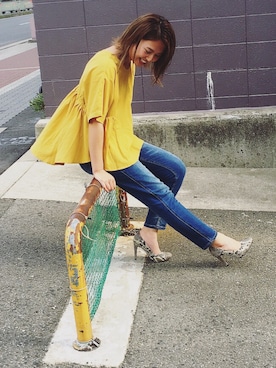 「アイテム（シャツ/ブラウス、イエロー系）」を使った、aiko_nagaokaさん（レディース・158cm）の夏コーディネート