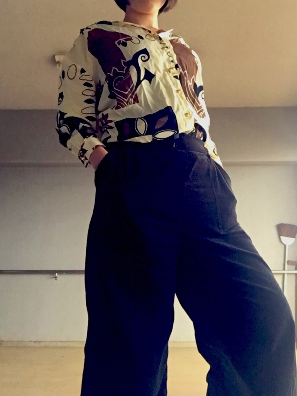 「柄シャツ、コーデュロイパンツ、古着、ぽっちゃり」｜「北千住・catch upのアイテム（シャツ/ブラウス、ベージュ系）」を使った、な🌊さん（レディース・160cm）の秋コーディネートの1枚目の写真