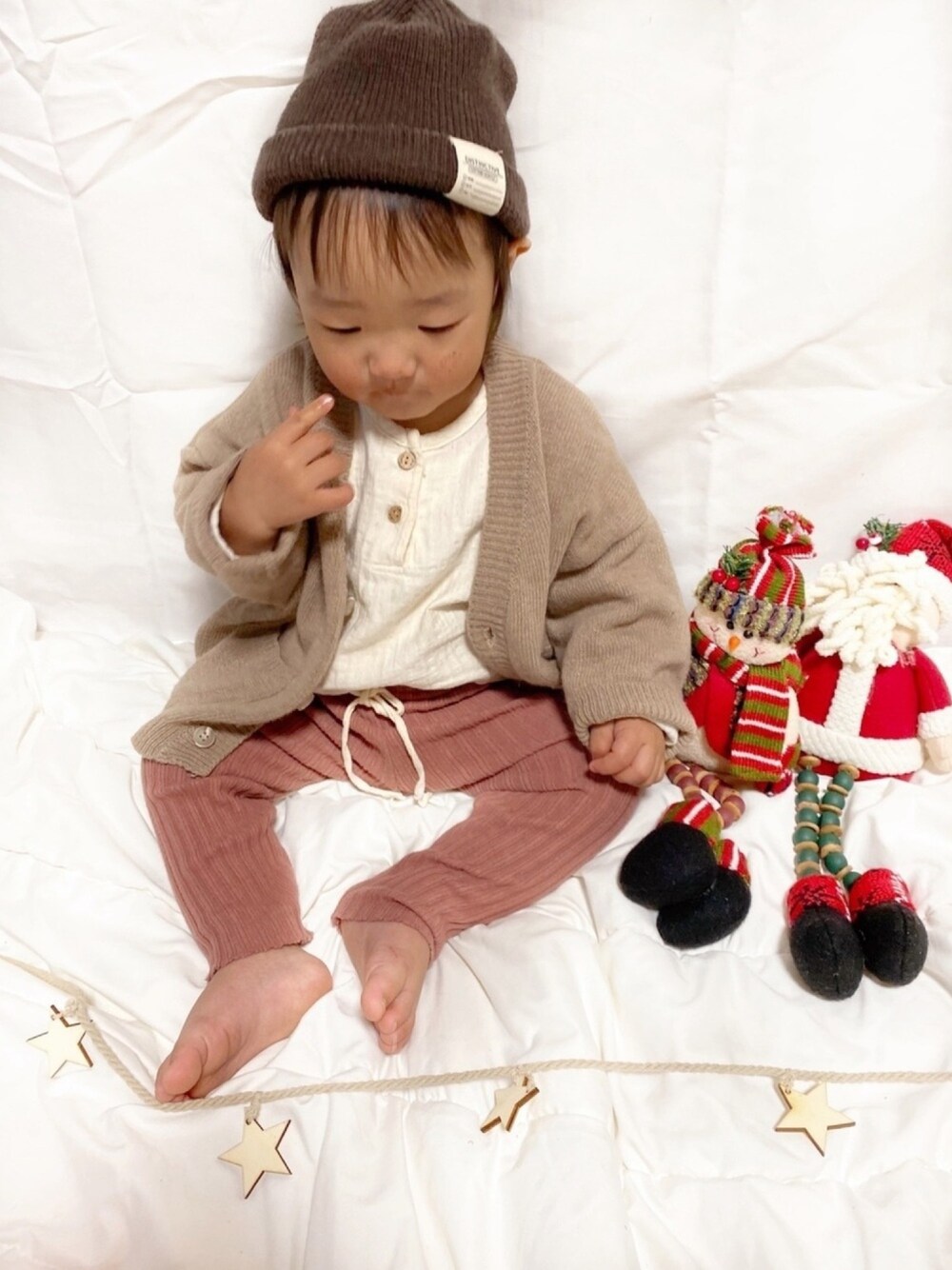「韓国子供服、男の子、キッズコーデ、ベビーコーデ、女の子コーデ、kids、韓国ファッション、1歳、2歳、０歳」｜「CIAOPANIC TYPYのカラーニットワッチ（ニットキャップ/ビーニー、ブラウン系）」を使った、skyouさん（キッズ・80cm）の秋コーディネートの1枚目の写真