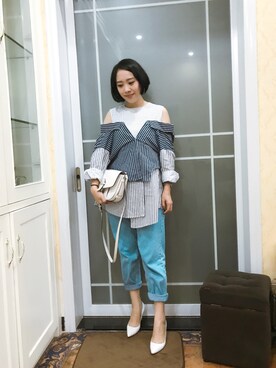 「MK MICHEL KLEIN（エムケーミッシェルクラン）のアイテム（ショルダーバッグ、ホワイト系）」を使った、athena*何静さん（レディース・163cm）の夏コーディネート