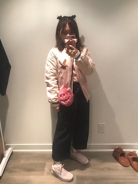 「MUJI」｜「アイテム（ライダースジャケット）」を使った、Kumalkuさん（レディース・160cm）の春コーディネート