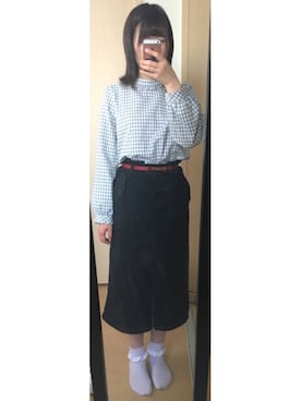 「MAJESTIC LEGON（マジェスティックレゴン）のチェックバックリボンブラウス（シャツ/ブラウス、グレー系）」を使った、ひーーさん（レディース・157cm）の春コーディネート
