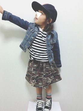 「ボーダーソックス」｜「アイテム（デニムジャケット）」を使った、hiiiiさん（キッズ・100cm）の春コーディネート