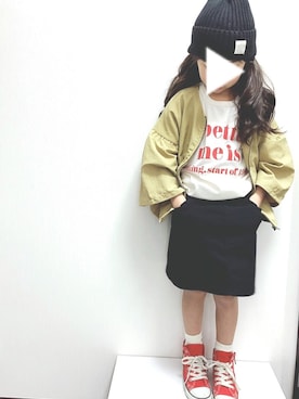 「赤コンバース」｜「アイテム（ノーカラージャケット）」を使った、hiiiiさん（キッズ・110cm）の春コーディネート