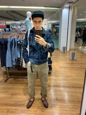 「RRL（ダブル アール エル）のアイテム（デニムジャケット）」を使った、Andy Lauさん（メンズ・178cm）の春コーディネート