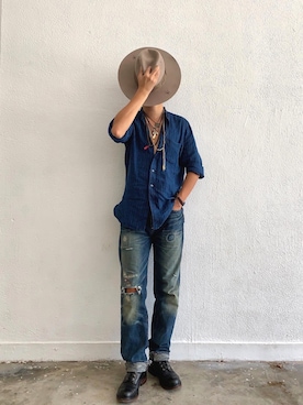 「RRL（ダブル アール エル）のアイテム（ブーツ）」を使った、Andy Lauさん（メンズ・178cm）の夏コーディネート