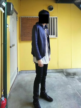 「ロング丈」｜「アイテム（ライダースジャケット）」を使った、黒子さん（メンズ・179cm）の冬コーディネート