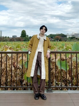 「アイテム（トレンチコート、ゴールド系）」を使った、とっきーさん（メンズ・184cm）の冬コーディネート