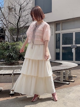 「アイテム（その他アウター、ピンク系）」を使った、merry jenny 新宿店さん（レディース・153cm）の春コーディネート