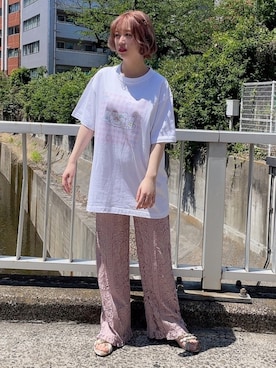 「merry jenny（メリージェニー）の80’s Sanrio characters Tee（Tシャツ/カットソー、ピンク系）」を使った、merry jenny 新宿店さん（レディース・153cm）の春コーディネート