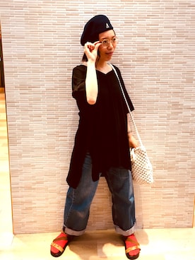 「earth music&ecology（アースミュージックアンドエコロジー）の5分袖ビッグTシャツ（Tシャツ/カットソー、ブラック系）」を使った、yoshiepiyoさん（レディース・159cm）の春コーディネート
