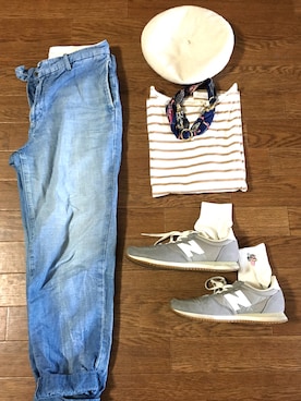 「Green　Parks（グリーンパークス）の・ボーダー5分袖カットプルオーバー（Tシャツ/カットソー、ベージュ系）」を使った、yoshiepiyoさん（レディース・159cm）の春コーディネート