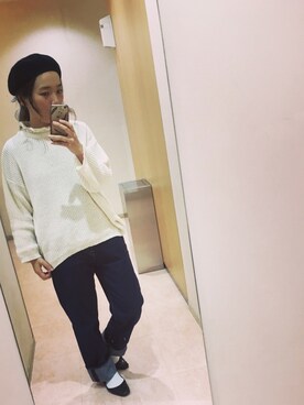 「Green　Parks（グリーンパークス）のアイテム（ニット/セーター、ホワイト系）」を使った、yoshiepiyoさん（レディース・159cm）の秋コーディネート