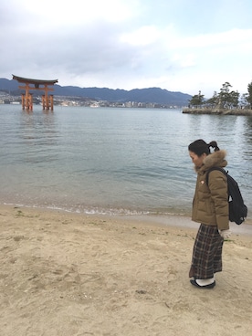 「earth music&ecology（アースミュージックアンドエコロジー）のアイテム（バレエシューズ、ブラック系）」を使った、yoshiepiyoさん（レディース・159cm）の冬コーディネート